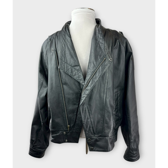 Vintage Wilsons Leather Bomber Motorcycle Jacket Asymmetric Zip Moto Black XL - Picture 1 of 16